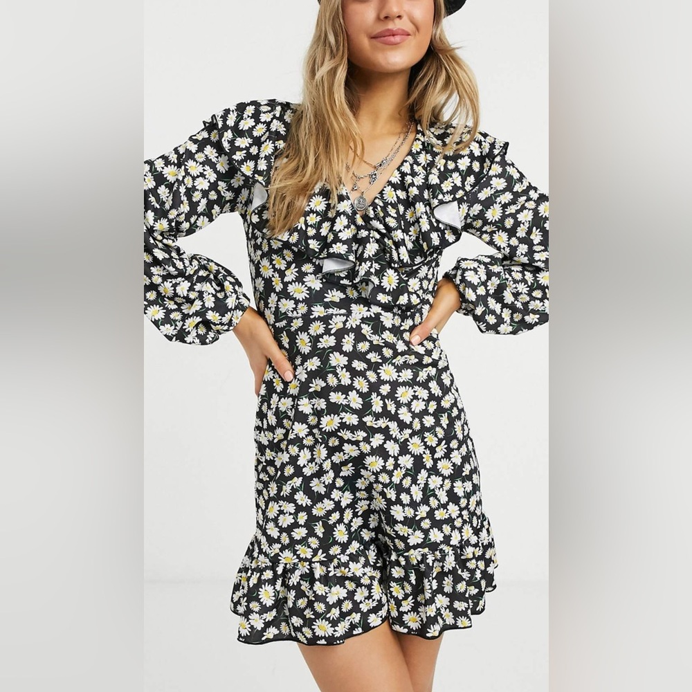 ASOS Curve Ruffle Mini Wrap Dress in Daisy Print